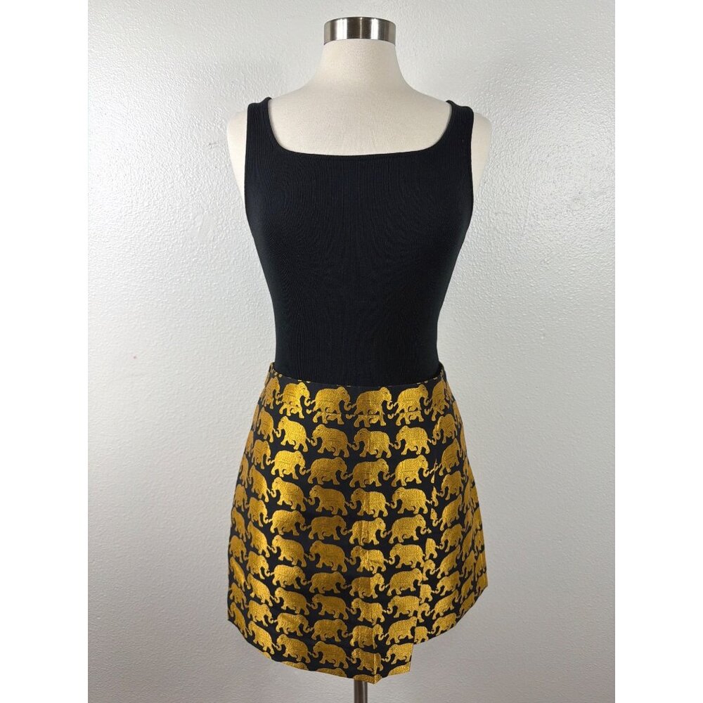 J.Crew Gold Elephant Print Mini Skirt Metallic Black Preppy Lined Altered Sz 12 - Picture 3 of 15